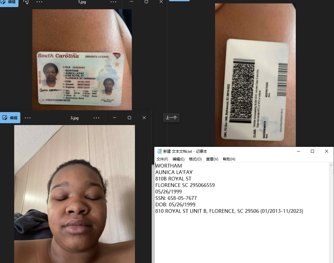 美国驾照正反+SSN+自拍